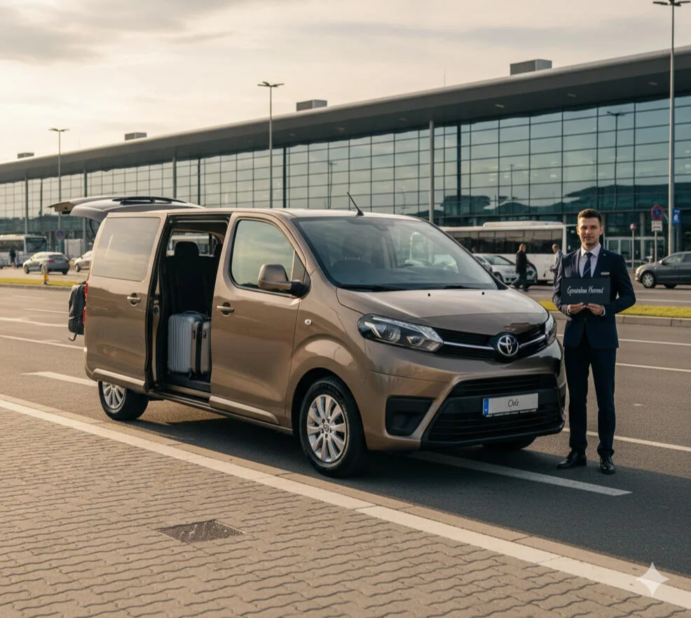 Putnički kombi s otvorenim kliznim vratima i prtljagom ispred terminala zračne luke